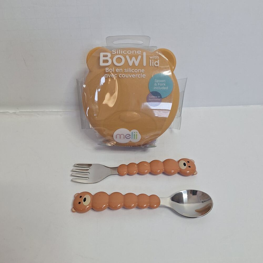 NWT Melii Teddy Bowl Set Lid Spoon Fork Silicone Toddler Feeding Set